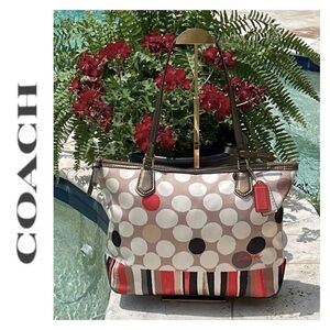 Coach Watercolor Dots & Stripes Lg Tote Bag w/Bronze Leather Bottom & Accents